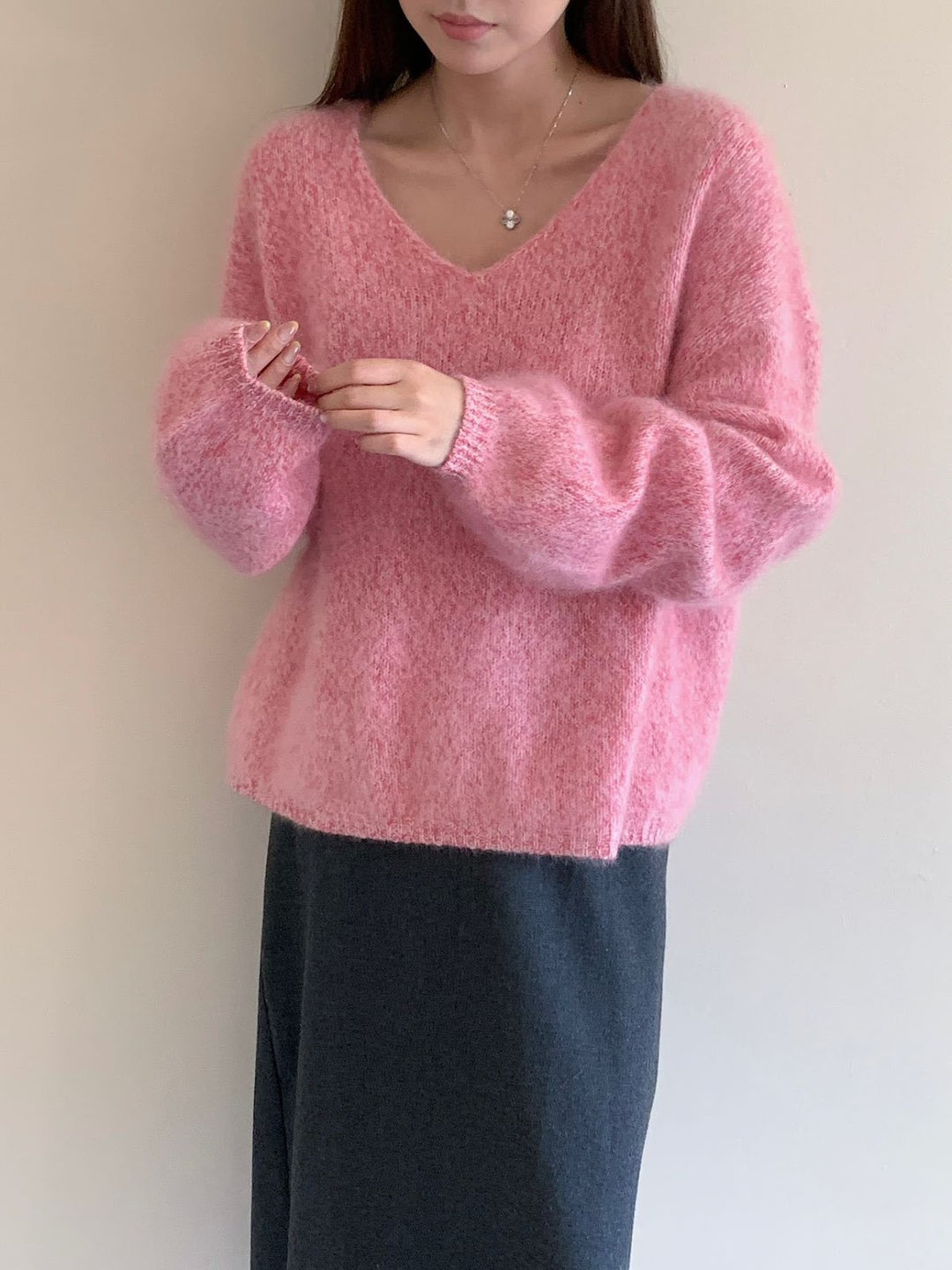 Ladies V-neck Sweater, Wool-Cashmere, Brushed