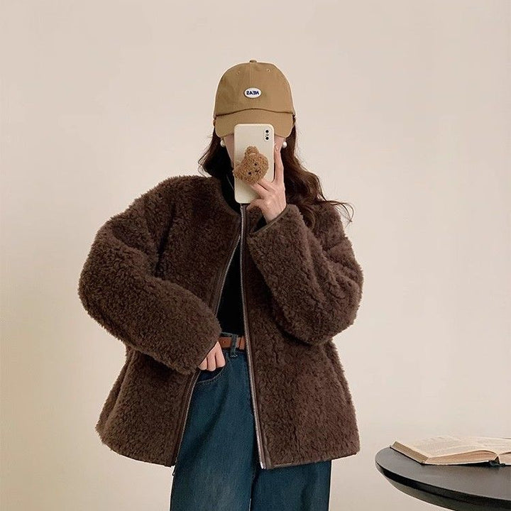 Sheep fur coat for women, round neckline