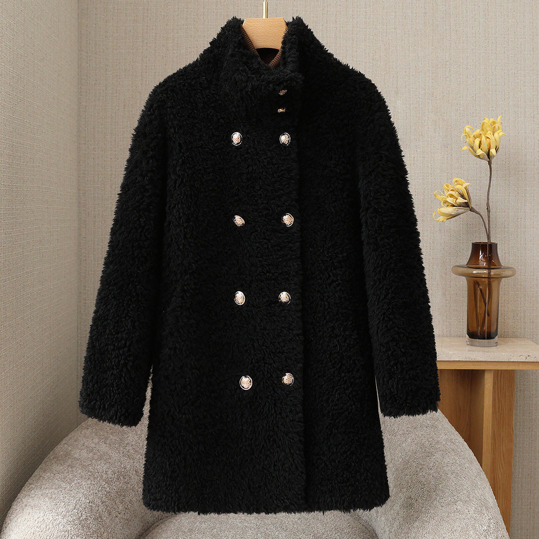 Women's wool coat with stand-up collar and double-breasted button placket