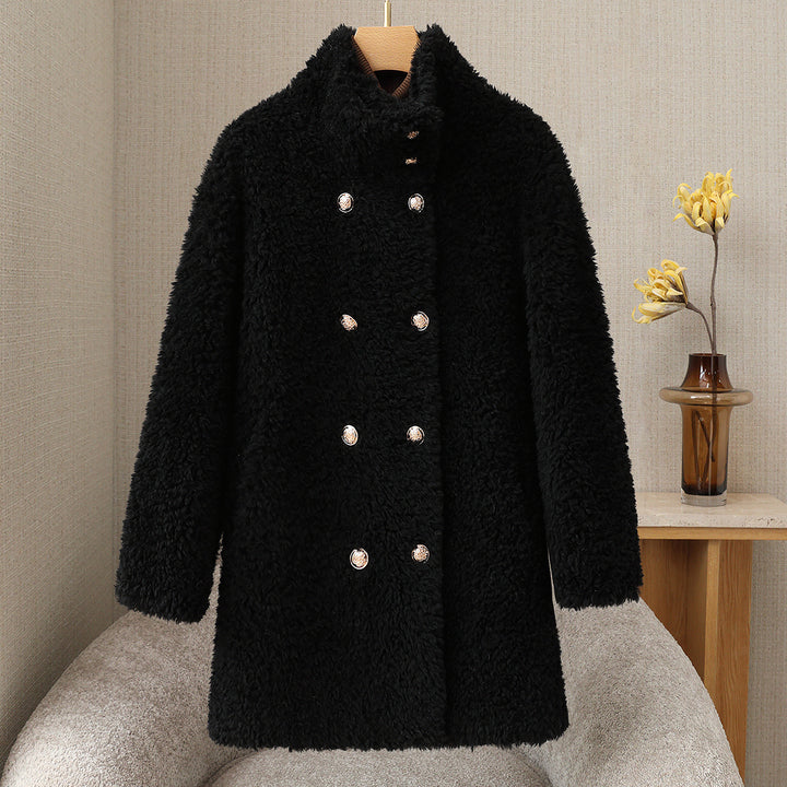 Women's wool coat with stand-up collar and double-breasted button placket