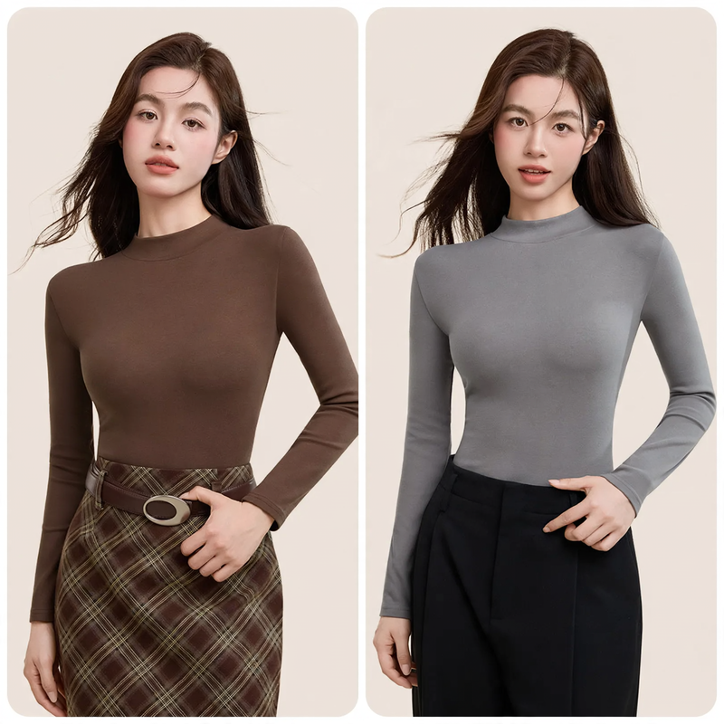 Women's long sleeve shirt made of cotton, stand-up collar, fitted