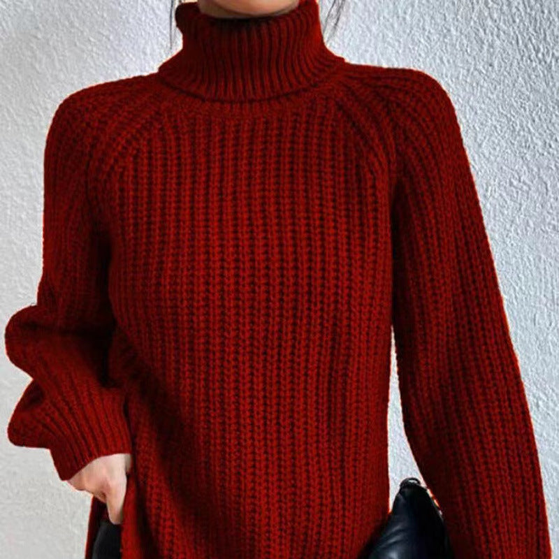 Women's knitted pullover, mid-length with high collar