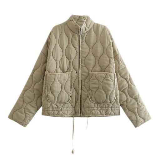 Women's padded jacket with stand-up collar and tie belt