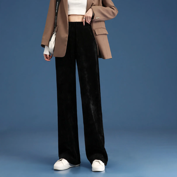 Fleece-lined cord wide pants for women, straight cut