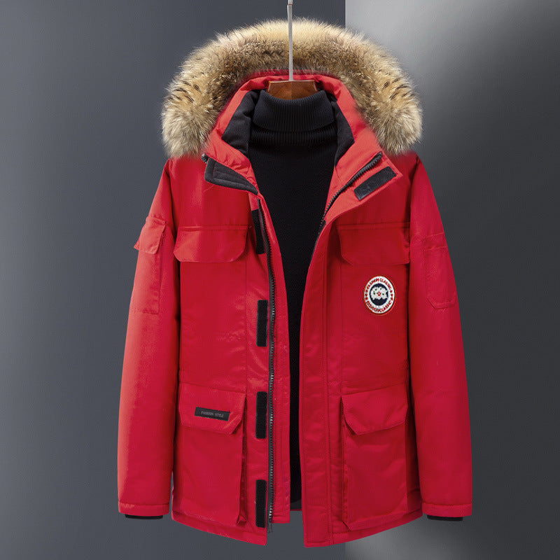 Men's down parka, mid-length, for outdoor activities