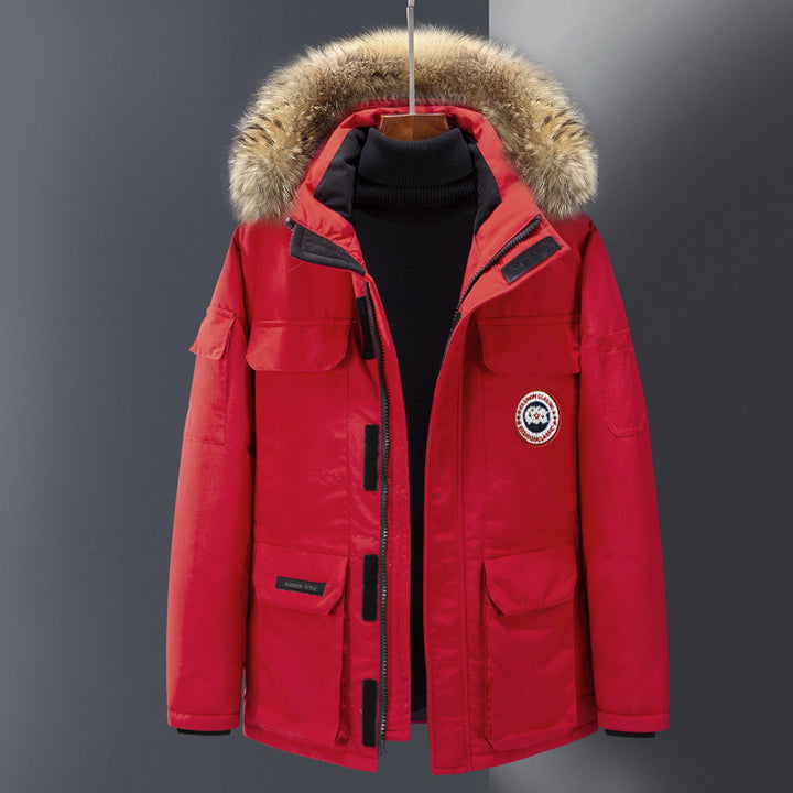 Men's down parka, mid-length, for outdoor activities