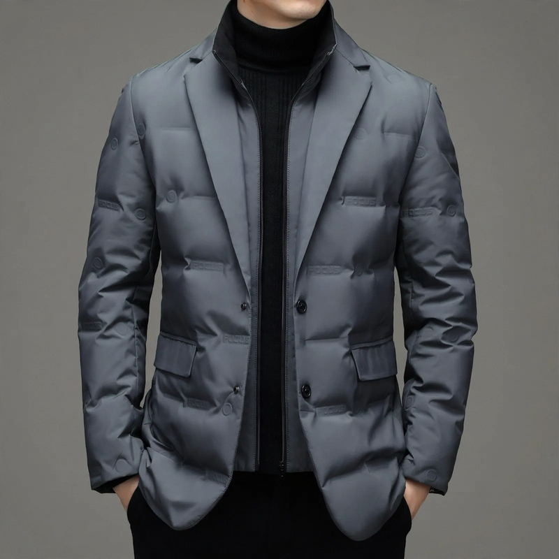 Men's down jacket, blazer style, detachable stand collar