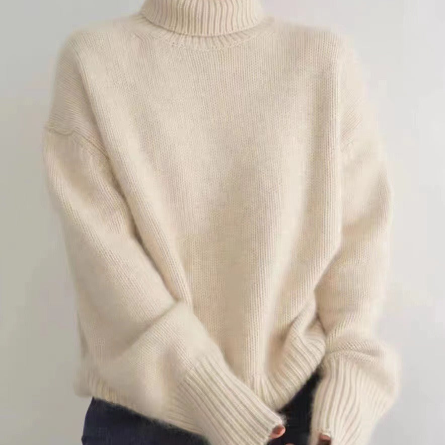 Women's wool sweater, high collar, loose fit