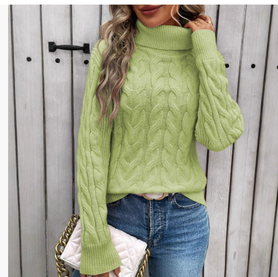 Knit sweater with cable pattern and high collar