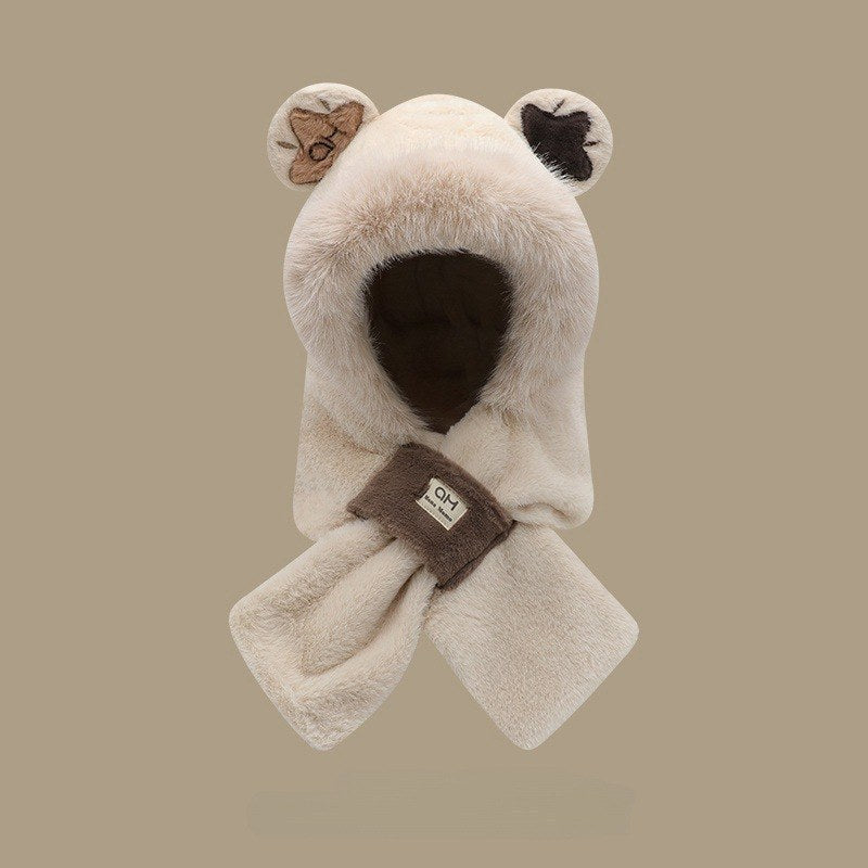 Women's Plush Hooded Scarf with Bear Design