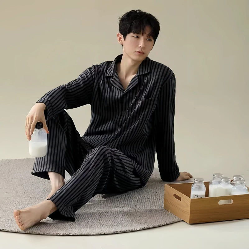 Men's cotton pajama set, long sleeve, with button placket