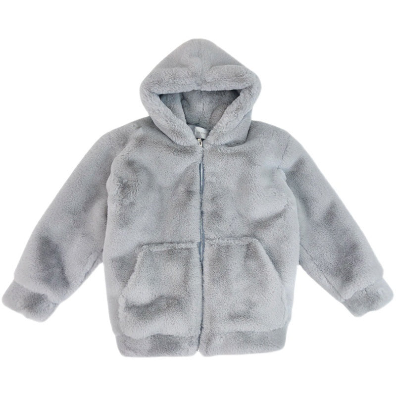 Loose faux fur coat with hood for women