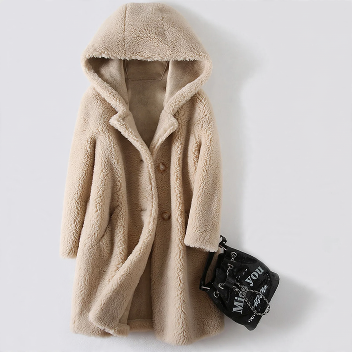 Women's sheepskin coat with hood, mid-length