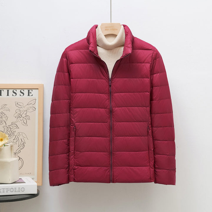 Women's down jacket, lightweight, stand collar, short