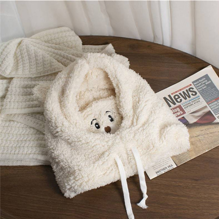 Plush hat with ears and scarf, one size