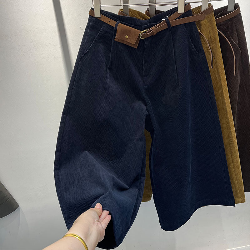 Women's corduroy pants, knee-length, with belt pocket
