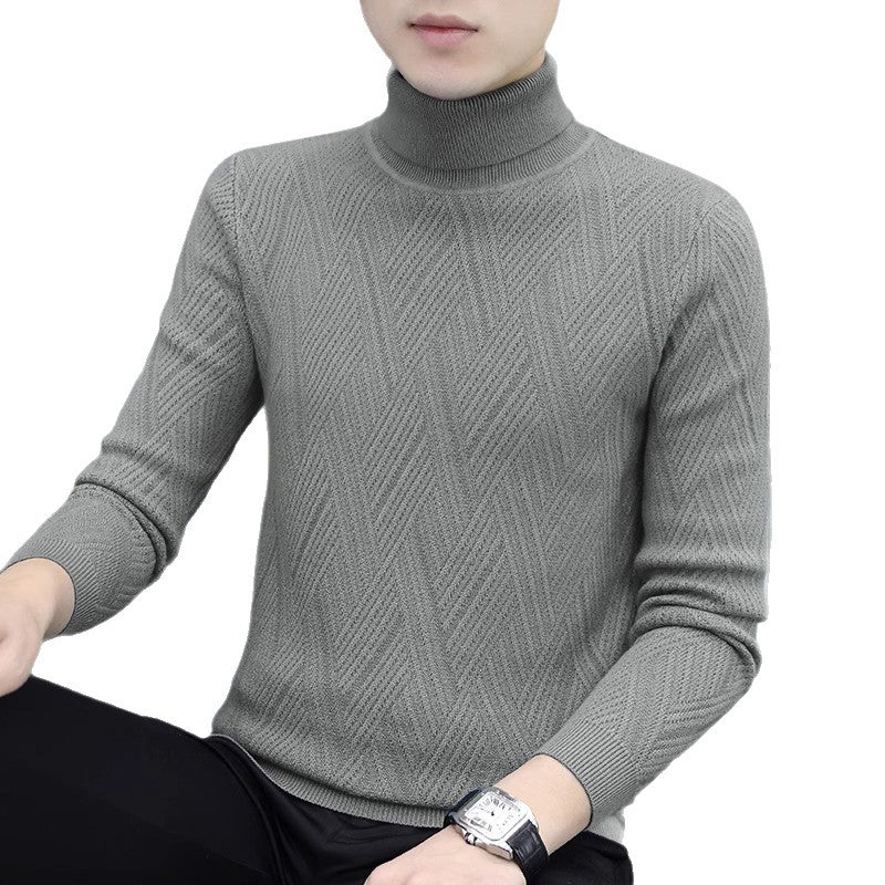Men's knit pullover with cable pattern and turtleneck
