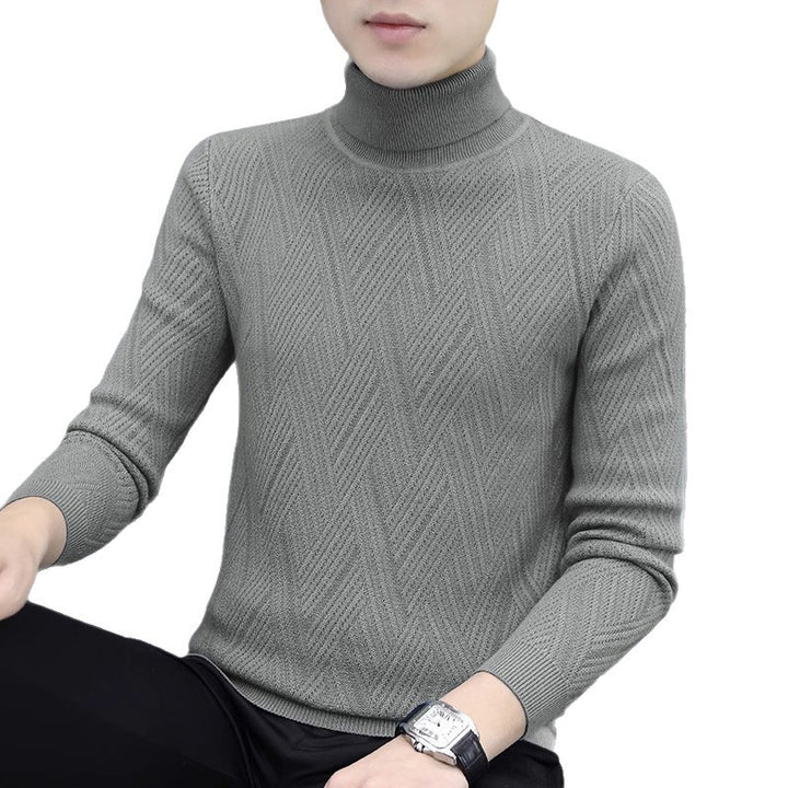 Men's knit pullover with cable pattern and turtleneck