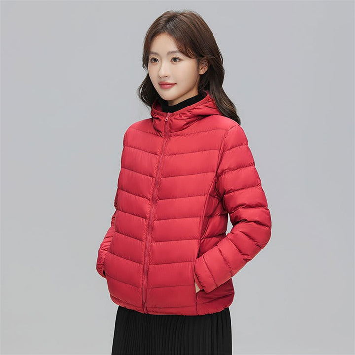 Women's down jacket, short, with hood, lightweight and warm