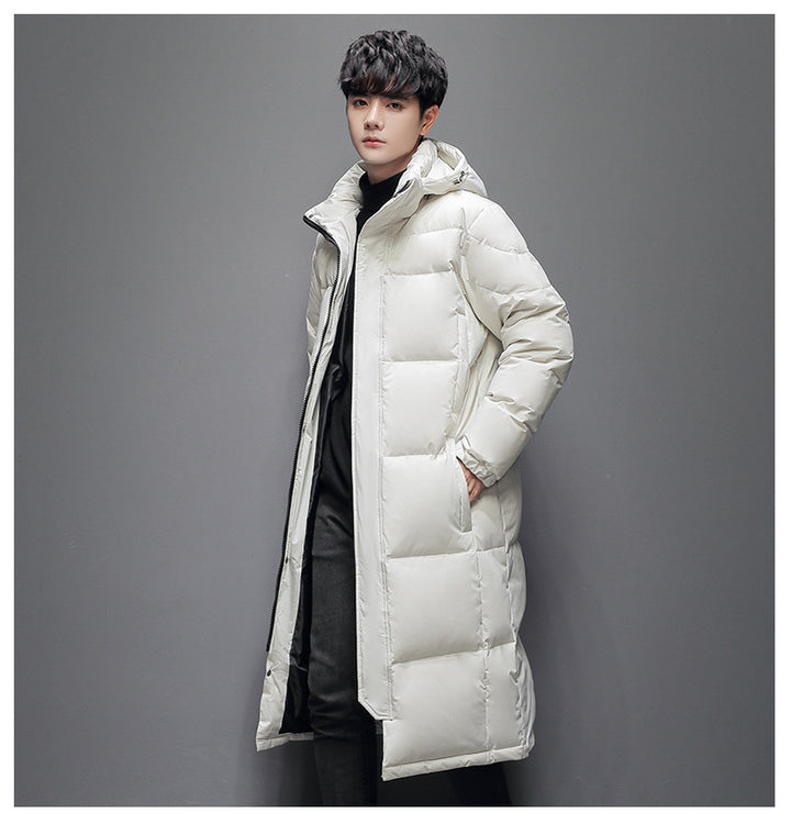 Long women's down coat, knee-length, lined, for winter