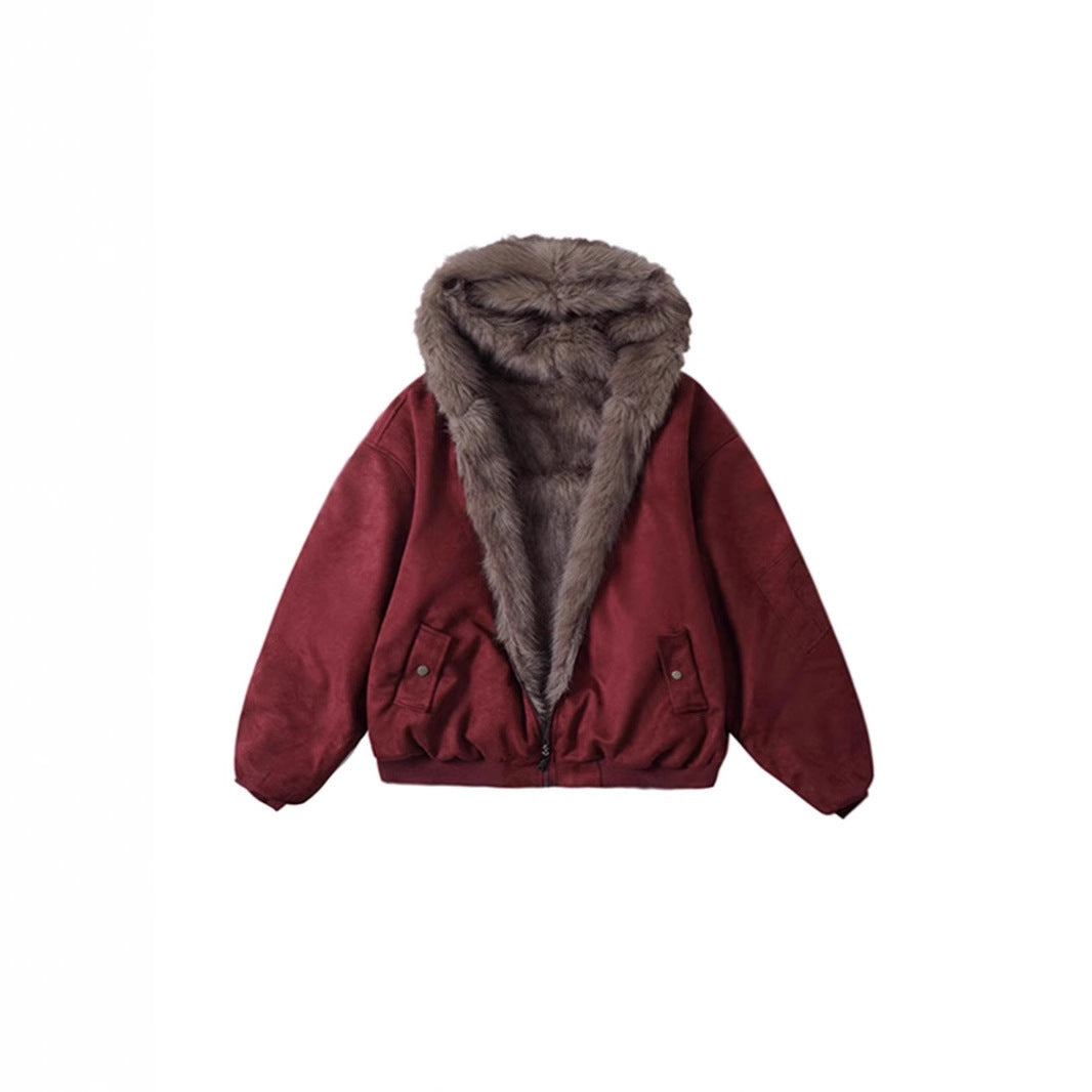 Reversible hooded jacket made of suede imitation and faux fur