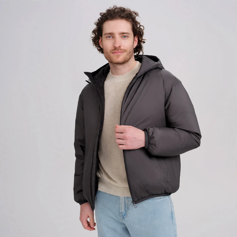 Men's down jacket, short, with hood, white duck down lining