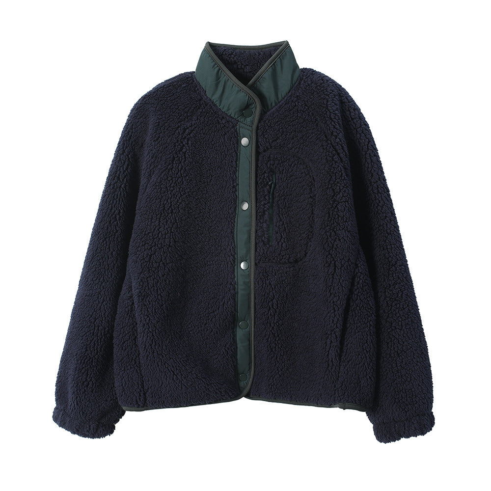 Padded fleece jacket with lambskin look and stand-up collar