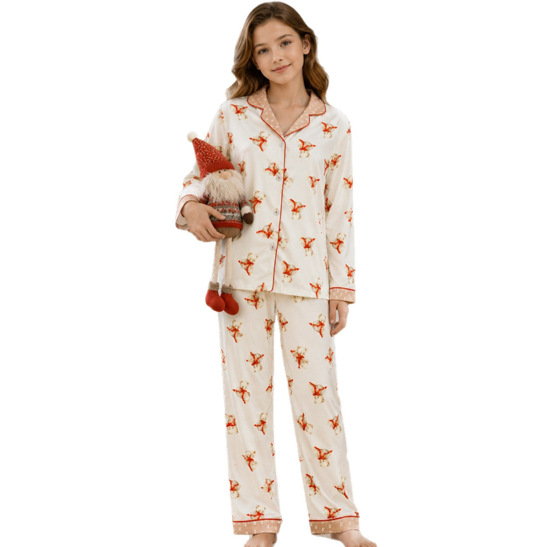 Girls' pajamas with collar and bear print