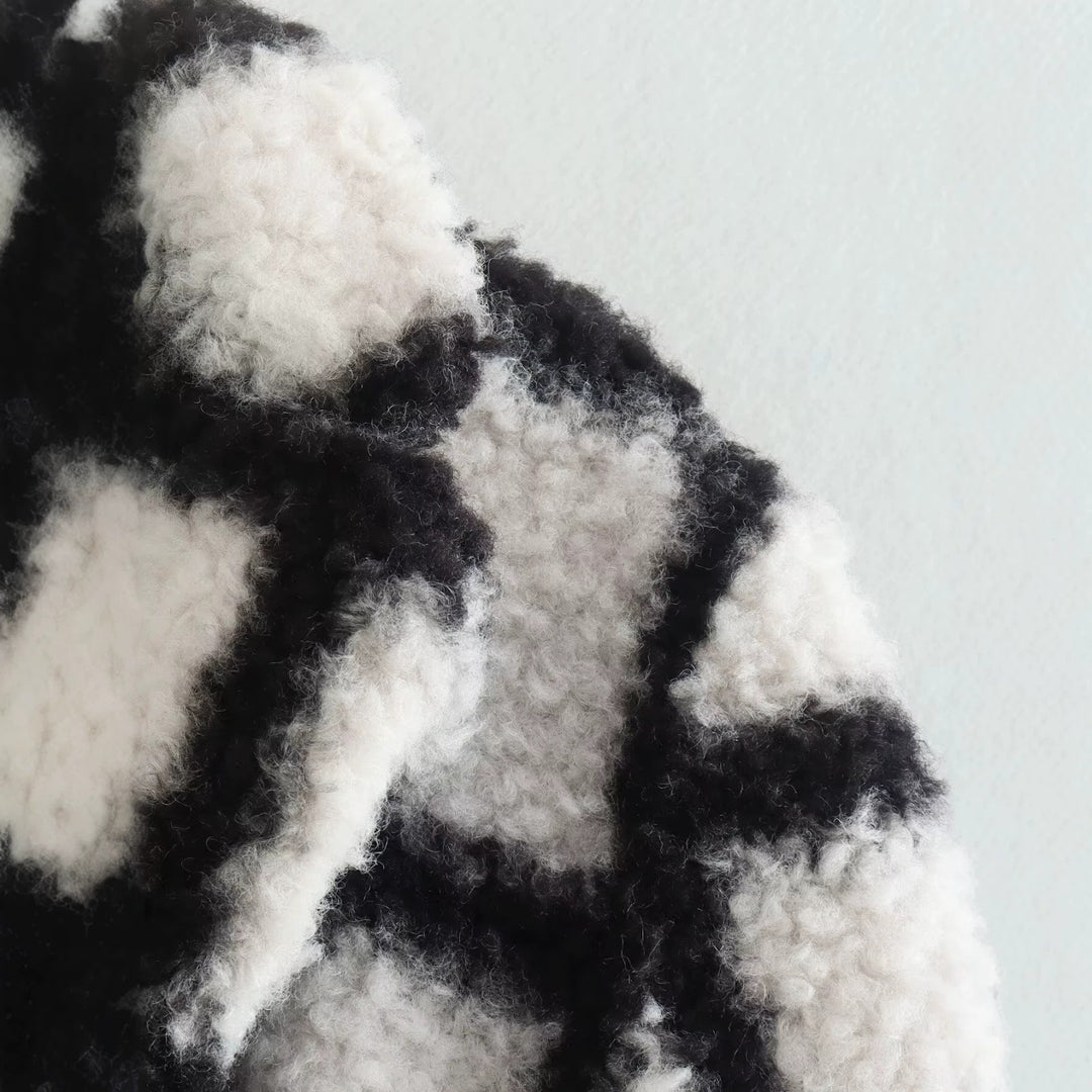 Teddy coat, checked, lapel collar, women's