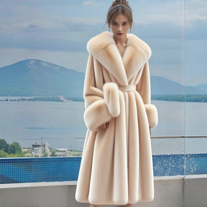 Long women's coat with faux fur collar