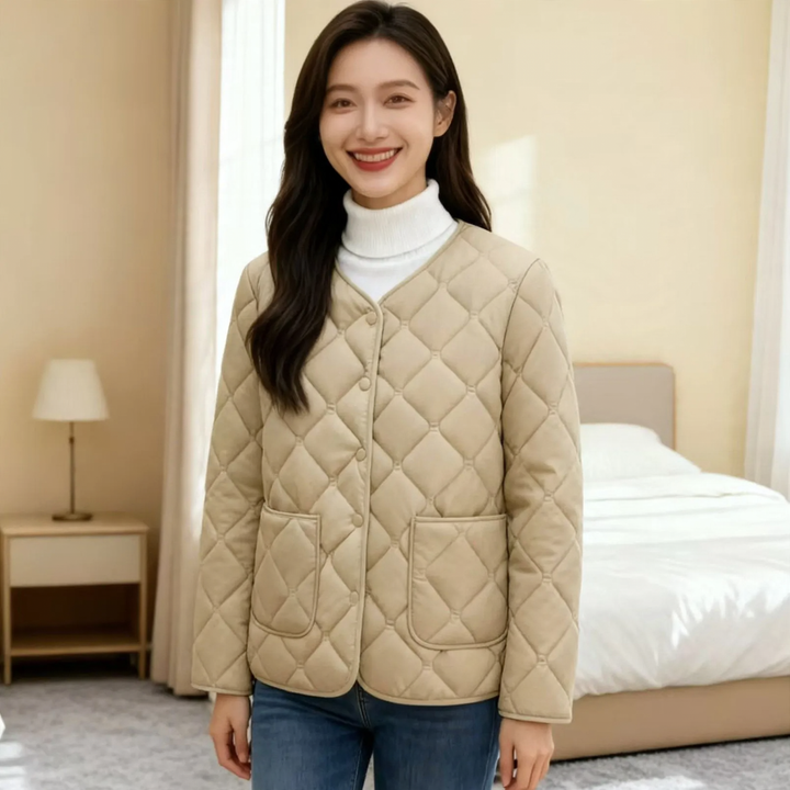 Women's quilted jacket, lightweight, fitted, with V-neck