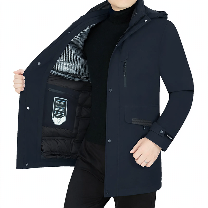 Men's down coat, medium length, with removable inner lining