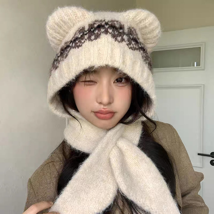 Knit cap with scarf, bear design, women, winter
