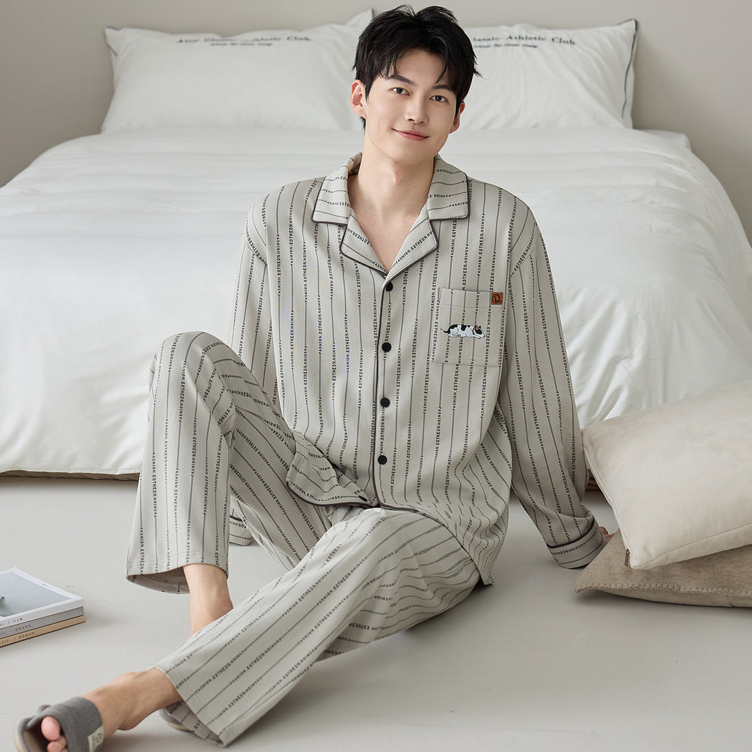 Men's Pajama Set, Cotton, Striped/Checkered, Long Sleeve