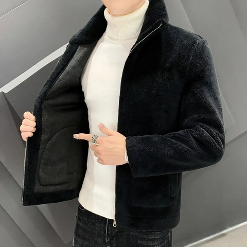 Men's jacket with lambskin look, padded, stand-up collar
