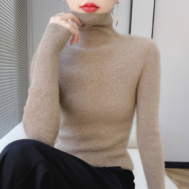 Women's knitted pullover with stand-up collar, long-sleeved, lined