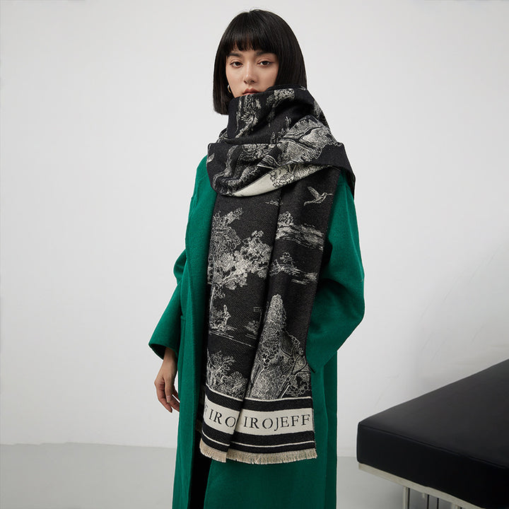 Jacquard scarf with landscape motif, art cashmere, 180x65 cm