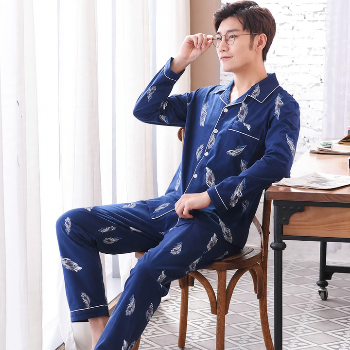 Men's pajamas made of pure cotton, long-sleeved