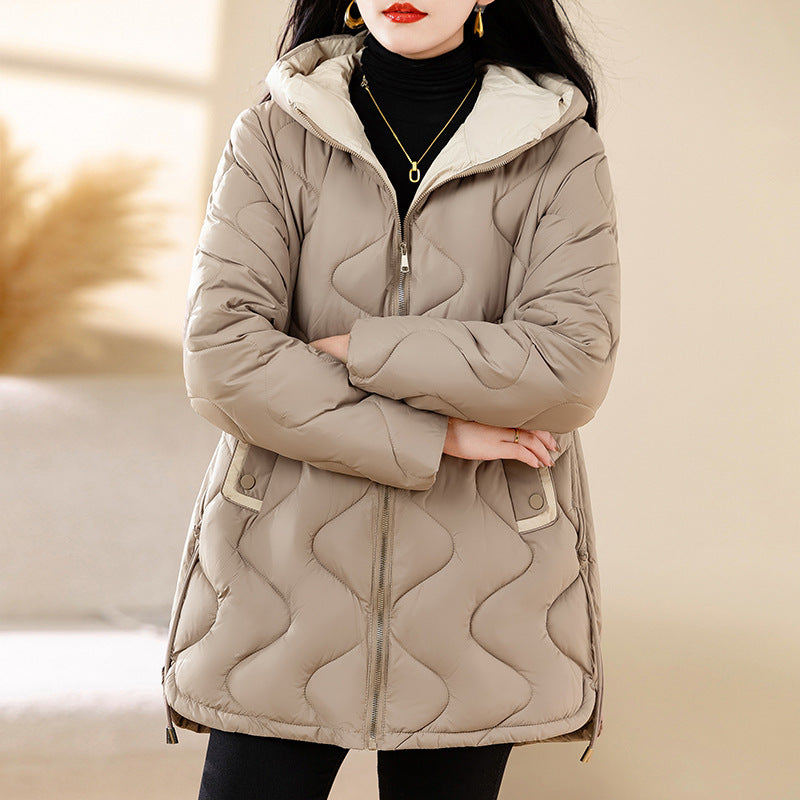 Women's quilted jacket, medium length, collarless