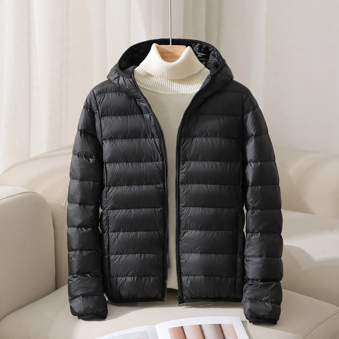 Light women's down jacket, short, with hood