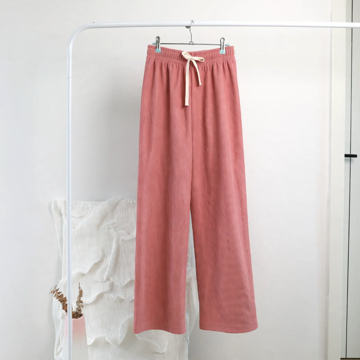 Ladies' corduroy pants with wide legs, high waist, and drawstring