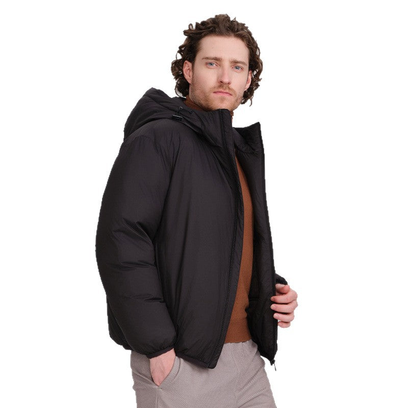 Men's down jacket, short, with hood, white duck down lining