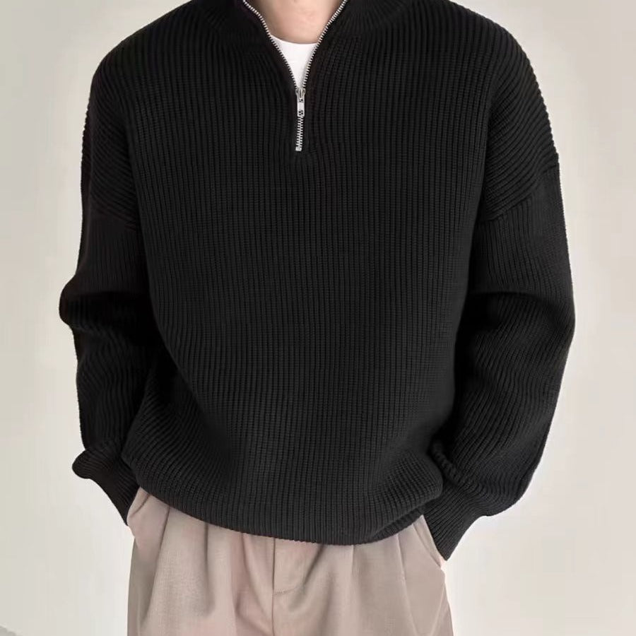 Men's knit sweater with stand-up collar and zipper