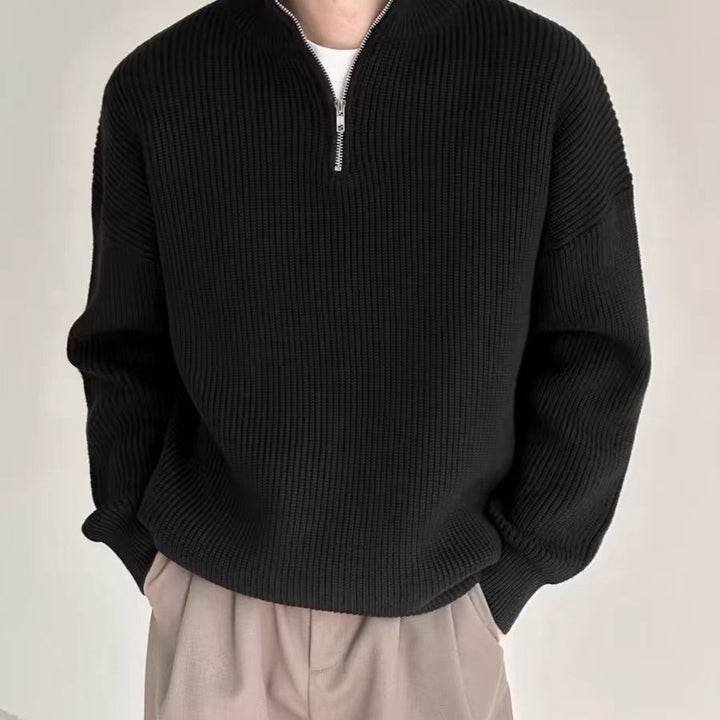 Men's knit sweater with stand-up collar and zipper