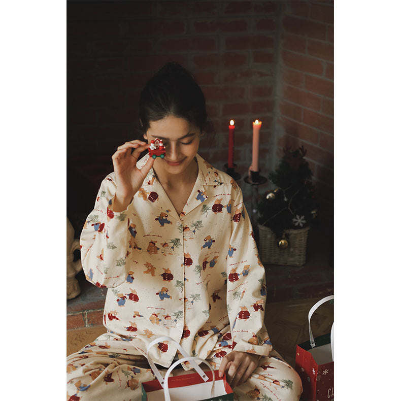 Women's Pajama Set, Cotton, Brushed, Christmas Bunny Print