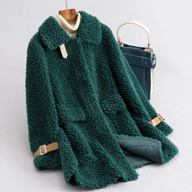 Women's coat made of lambskin imitation, medium length