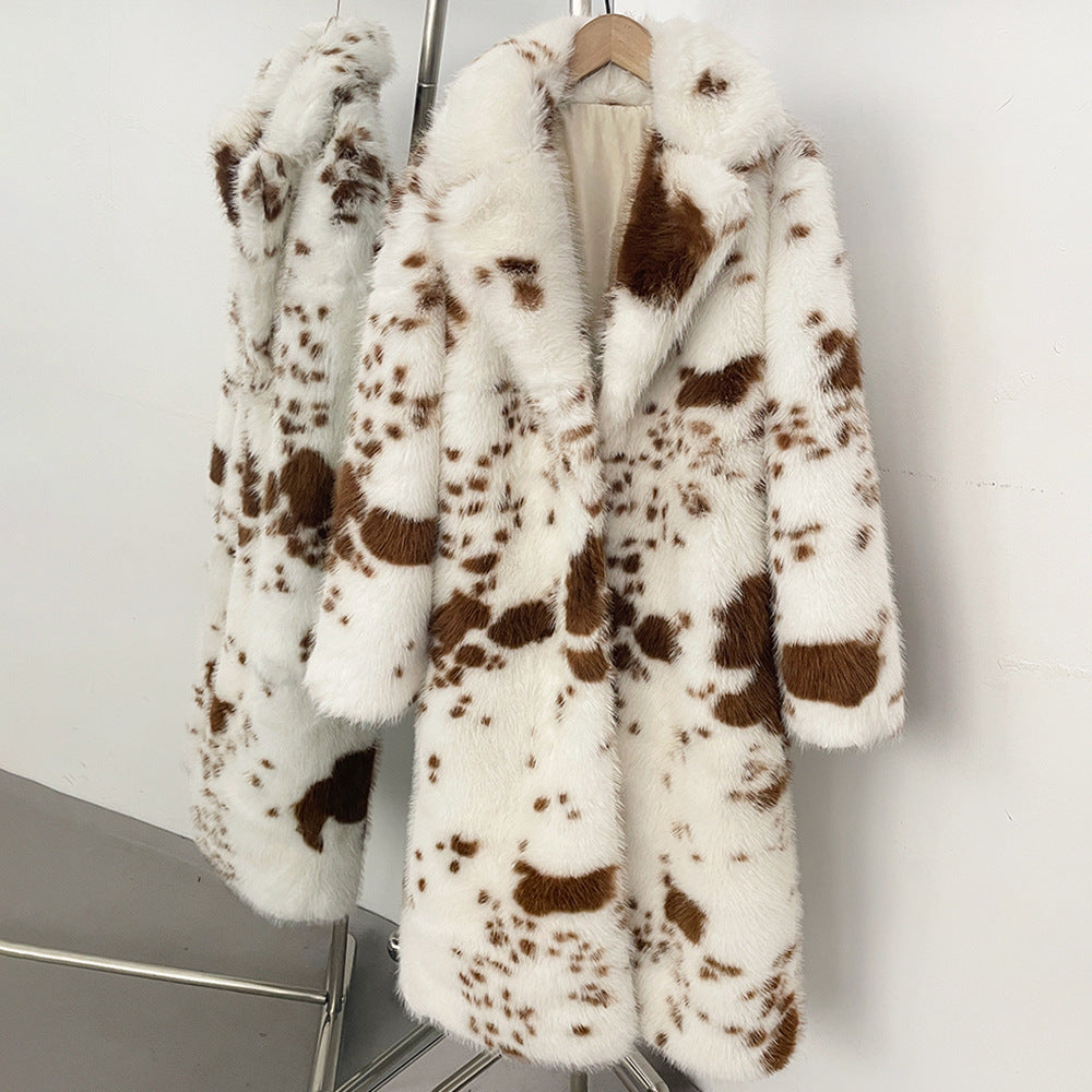 Padded faux fur coat with cow print