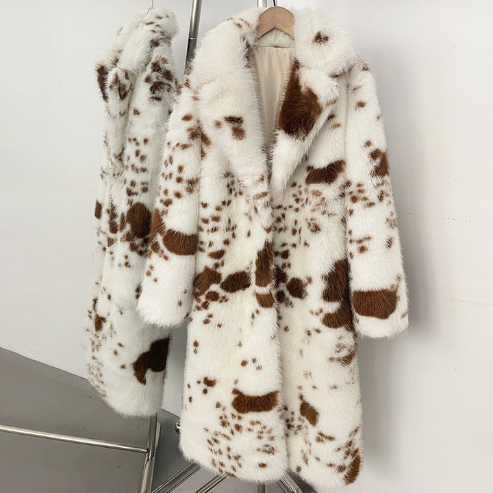 Padded faux fur coat with cow print