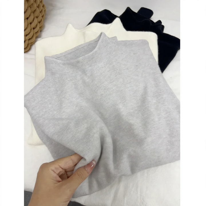 Women's knit pullover with stand-up collar, soft material
