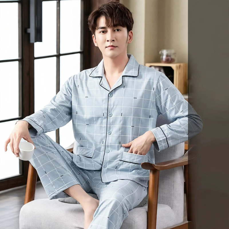 Men's Pajama Set, 100% Cotton, long-sleeved, buttoned